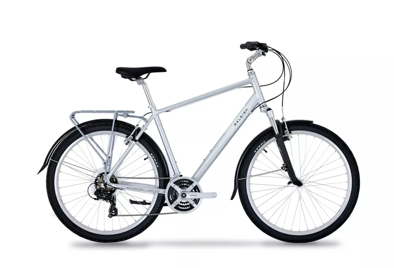 Raleigh Pioneer Trail  27.5 Commuter Hybrid  Bike Silver/White Crossbar